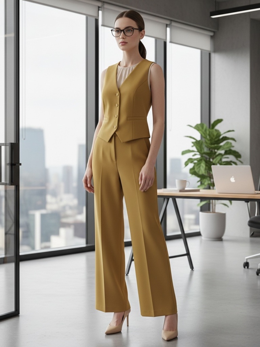 Tailored Mustard Wide-Leg Vest and trouser